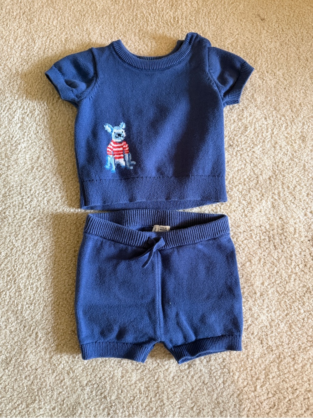 Janie and Jack Navy Knit Baby Top & Shorts with Dog Motif